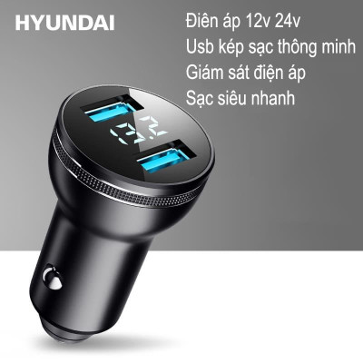 Tẩu Sạc Ô Tô Hyundai chính hãƞg HY36C 2 USB Có Đồng Hồ Led