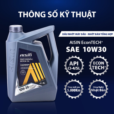Dầu Nhớt Bán Tổng Hợp AISIN Econtech+ CI4/SL 10W30 4 Lít ECSI1034PB - Nhập Khẩu Chính Hãng