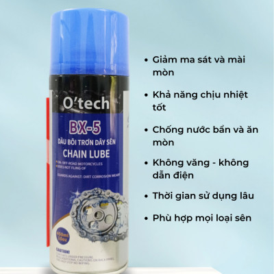 Chai xịt dưỡng sên, bôi trơn xích xe máy chống văng, chống rỉ sét BX5 (450 ml) Chain Lube - Hàng Chính Hãng O