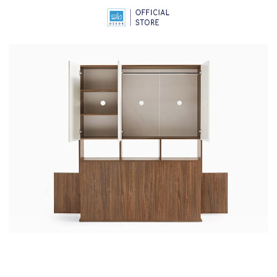 Giường Ngủ Liền Tủ Quần Áo Tích Hợp Kệ Đầu Giường Thông Minh Màu Walnut Phối Trắng SIB Decor GN03