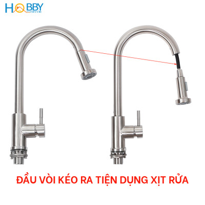 Vòi rửa chén nóng lạnh dây rút 2 chế độ inox 304 Hobby Home Decor VDR4
