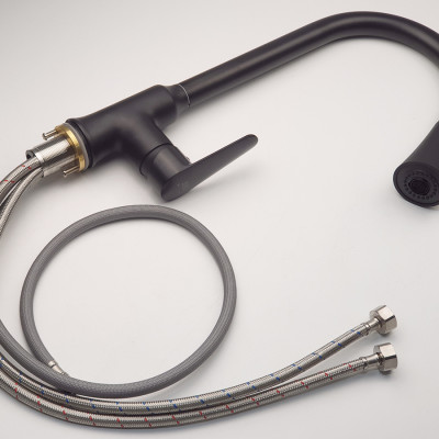 Vòi rửa chén nóng lạnh dây kéo Đồng mạ tĩnh nhiệt màu đen Eurolife EL-KM06 ( Đen)