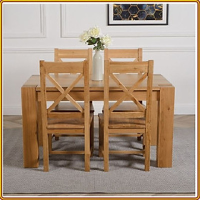 Bộ bàn ghế phòng ăn gỗ sồi Tundo màu vàng tự nhiên 1m2 kèm 4 ghế lưng X