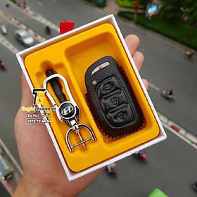 Bao da Handmade bảo vệ chìa khóa xe Hyundai Elantra, Tucson, i10…kèm móc đeo Inox