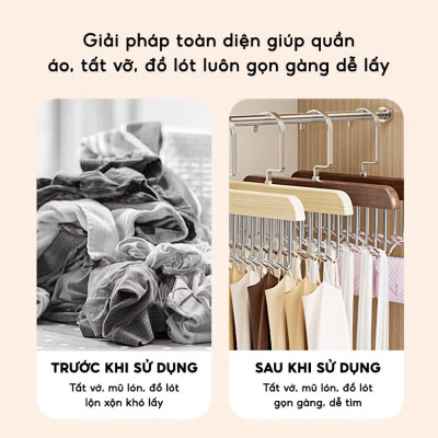 Móc treo áo 2 dây bra đa năng tiện lợi, giá treo 8 mắc bằng gỗ treo áo lót cà vạt thắt lưng túi xách
