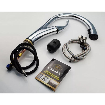 Vòi rửa chén nóng lạnh, dây kéo 2 chế độ chảy Eurolife EL-KM11 (Trắng bạc)