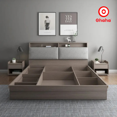 [Miễn phí vận chuyển & lắp đặt] Giường ngủ thông minh cao cấp bọc nệm đầu giường có hộc kéo gỗ công nghiệp Ohaha - GN018