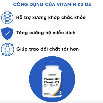 Viên Uống Nutricost Vitamin D3 + K2 MK7 (120 viên), Hỗ Trợ Răng Xương Chắc Khỏe, Ngừa Loãng Xương