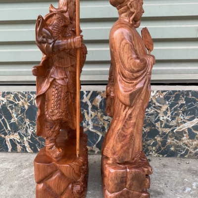 Cặp văn võ song toàn,tượng khổng minh và quan công bằng gỗ hương kt cao 30×13×11cm