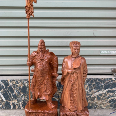 Cặp văn võ song toàn,tượng khổng minh và quan công bằng gỗ hương kt cao 30×13×11cm