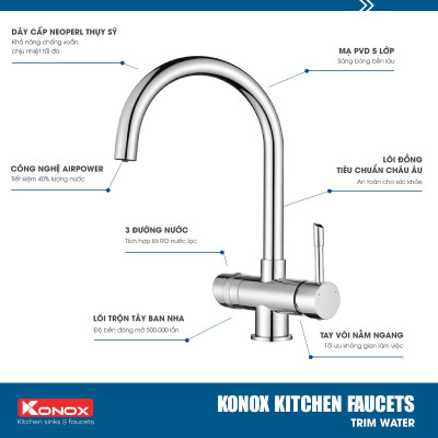 Vòi rửa bát 3 đường nước Konox, Model Trim-Water Grey, 3 phiên bản màu, Bề mặt mạ PVD mạ vân đá, Lõi đồng tiêu chuẩn CW617N, Linh kiện phụ trợ dòng chảy nhập khẩu châu Âu, Bảo hành chính hãng 5 năm, Hàng chính hãng