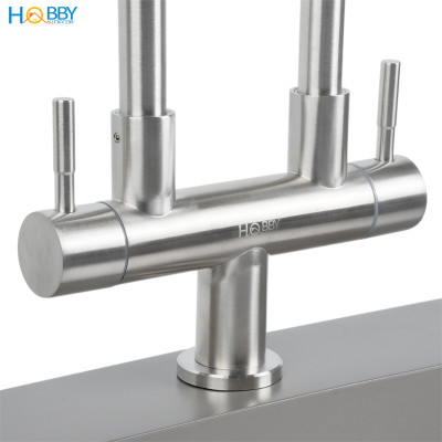 Vòi rửa chén 2 đầu tăng áp thân lò xo inox 304 Hobby home decor 2TA