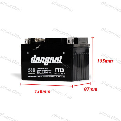 Ắc Quy Đồng Nai PTZ9 12V-9Ah cho xe máy Atila, Vespa, Spacy, Kawasaki