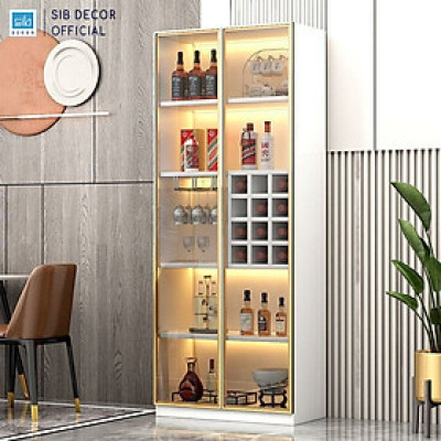 Tủ Gỗ Để Vang Trưng Bày Phối Cánh Kính Dài 80cm, Kèm Đèn LED Hiện Đại Thương Hiệu SIB Decor TR05
