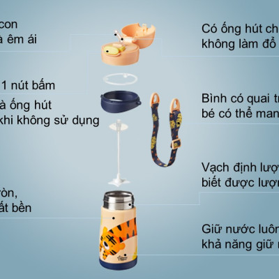 Bình uống nước Inox giữ nhiệt có ống hút và quai treo cho bé Tommee Tippee 350ml từ 18 tháng