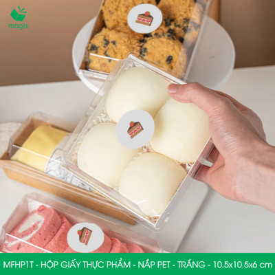 MFHP1T - 10.5x10.5x6 cm - 100 hộp giấy thực phẩm màu trắng nắp Pet, hộp giấy vuông đựng thức ăn, hộp bánh nắp trong