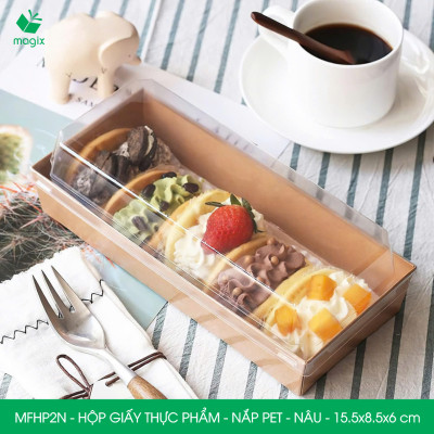 MFHP2N - 15.5x8.5x6 cm - 50 hộp giấy kraft thực phẩm màu nâu nắp Pet, hộp giấy chữ nhật đựng thức ăn, hộp bánh nắp trong