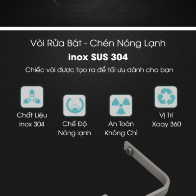 Vòi Rửa Bát Chén Dẹt Nóng Lạnh ABG Inox 304 Cao Cấp, Hai Chế Độ Nóng Lạnh, Xoay 360 Độ, Tặng Kèm Hai Dây Cấp Nóng Và Lạnh -Hàng Chính Hãng