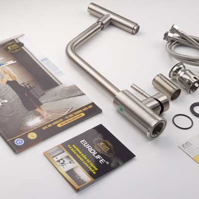 Vòi rửa chén nóng lạnh Inox SUS 304 nguyên khối đầu vòi xoay 360 độ Eurolife EL-T031 (Trắng vàng)