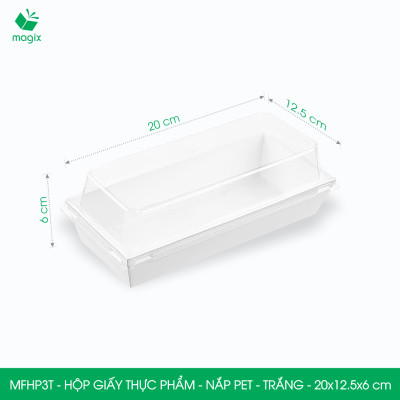 MFHP3T - 20x12.5x6 cm - 100 hộp giấy thực phẩm màu trắng nắp Pet, hộp giấy chữ nhật đựng thức ăn, hộp bánh nắp trong