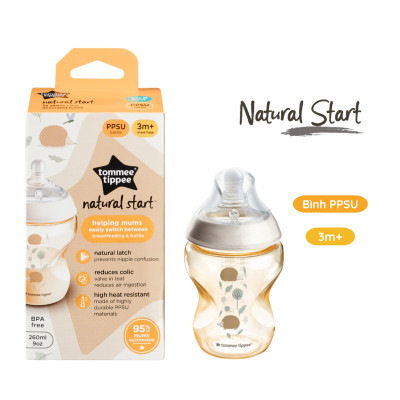 COMBO Bình Sữa PPSU Ty Siêu Mềm Tự Nhiên Tommee Tippee 260ml Hoạ Tiết & Núm Ty Silicon Thay Thế 6M+