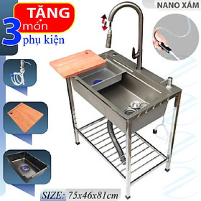Bộ Chậu Rửa Chén Bát Inox Phủ Nano Có Chân KAZTA Kèm Vòi Nước Lạnh Đầu Dây Rút - Chậu 2 màu đen, xám, tặng Khay inox, thớt gỗ