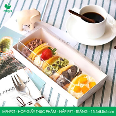 MFHP2T - 15.5x8.5x6 cm - 100 hộp giấy thực phẩm màu trắng nắp Pet, hộp giấy chữ nhật đựng thức ăn, hộp bánh nắp trong