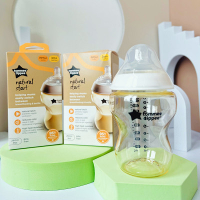COMBO Bình Sữa PPSU Ty Siêu Mềm Tự Nhiên Tommee Tippee Natural Start 260ml & Núm Ty Silicon Thay Thế 6M+