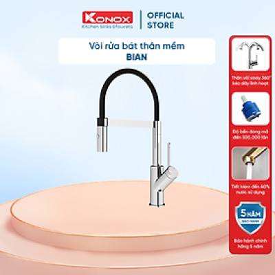 Vòi rửa bát thân mềm Konox, Model Bian, Bề mặt mạ PVD Chrome 5 lớp, Lõi đồng tiêu chuẩn CW617N, Linh kiện phụ trợ dòng chảy nhập khẩu châu Âu, Bảo hành chính hãng 5 năm, Hàng chính hãng