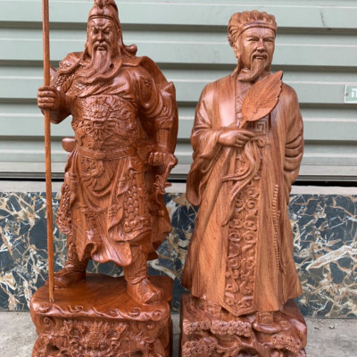 Cặp văn võ song toàn,tượng khổng minh và quan công bằng gỗ hương kt cao 30×13×11cm
