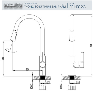 Vòi rửa chén nóng lạnh Ecalite EF-H012C - Đồng thau mạ chrome - Có dây rút - Hàng chính hãng