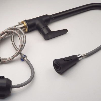 Vòi rửa chén nóng lạnh dây kéo Đồng mạ tĩnh nhiệt màu đen Eurolife EL-KM06 ( Đen)