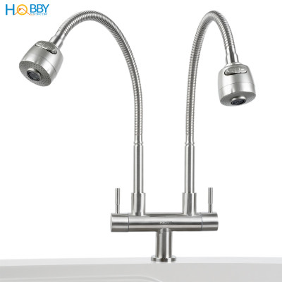 Vòi rửa chén 2 đầu tăng áp thân lò xo inox 304 Hobby home decor 2TA