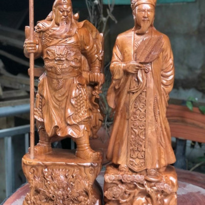 Cặp văn võ song toàn,tượng khổng minh và quan công bằng gỗ hương kt cao 30×13×11cm