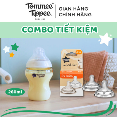 COMBO Bình Sữa PPSU Ty Siêu Mềm Tự Nhiên Tommee Tippee Natural Start 260ml & Núm Ty Silicon Thay Thế 6M+