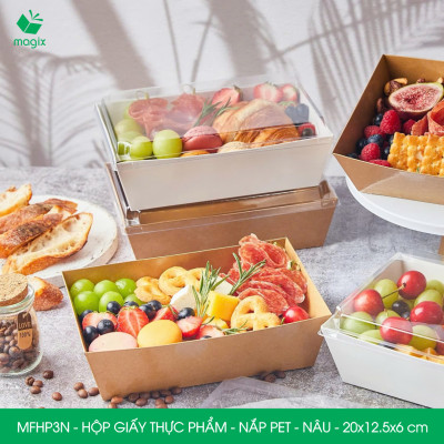 MFHP3N - 20x12.5x6 cm - 25 hộp giấy kraft thực phẩm màu nâu nắp Pet, hộp giấy chữ nhật đựng thức ăn, hộp bánh nắp trong
