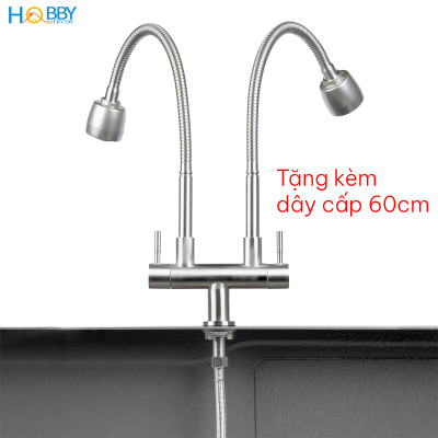 Vòi rửa chén 2 đầu tăng áp thân lò xo inox 304 Hobby home decor 2TA