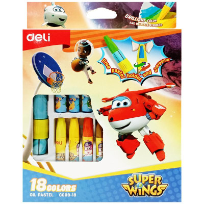 Hộp 18 Bút Màu Sáp Kèm Cây Cầm Bút & Đồ Chuốt 2 Trong 1 - Super Wings - Deli EC009-18
