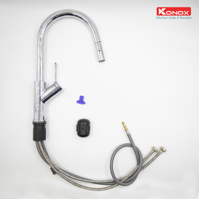 Vòi rửa bát kéo dây Konox, Model Ponte Black, 4 phiên bản màu, Bề mặt mạ PVD 5 lớp cao cấp, Lõi đồng tiêu chuẩn CW617N, Linh kiện phụ trợ dòng chảy nhập khẩu châu Âu, Bảo hành chính hãng 5 năm, Hàng chính hãng