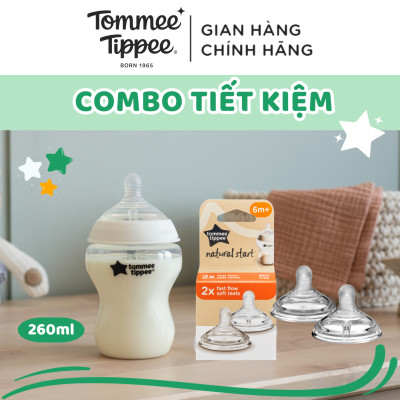 Combo Bình Sữa Tommee Tippee Natural Start Ty Siêu Mềm Tự Nhiên 260ml & Núm Ty Silicon Thay Thế 6M+