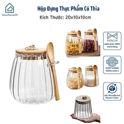 Hộp Đựng Thực Phẩm Có Thìa, Bảo Quản Nhà Bếp, Nắp Gỗ Bền Chống Ẩm, Nắp Thủy Tinh Kín Khí - Hộp Hạt Cà Phê Đậu - HÀNG CHÍNH HÃNG MINIIN