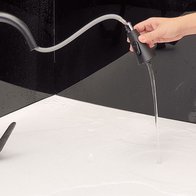 Vòi rửa chén nóng lạnh dây kéo Đồng mạ tĩnh nhiệt màu đen Eurolife EL-KM06 ( Đen)