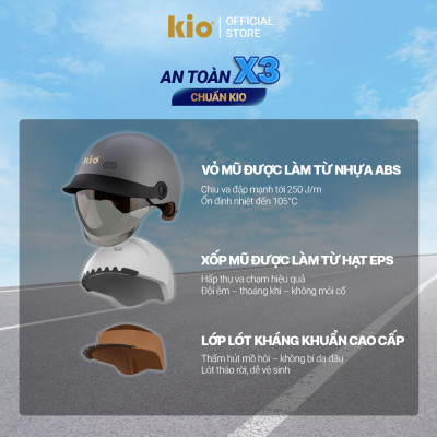 Mũ Bảo Hiểm Nửa Đầu Kio SafeStyle Metro KN10K, Kính Âm Phủ Nano Chống Tia UV, Lưỡi Trai, Thông Gió