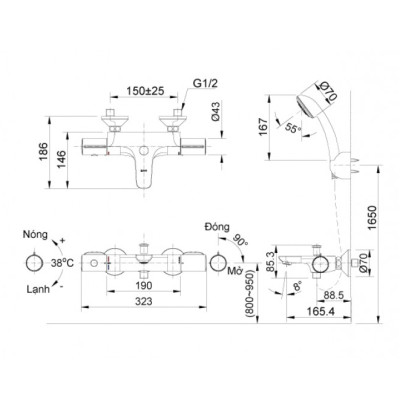 Trọn bộ Vòi sen tắm nóng lạnh điều chinh nhiệt độ INAX BFV 3413T-7C - Hàng chính hãng
