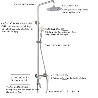 Bộ sen cây tắm đứng nóng lạnh phòng tắm inox 304 thân lệch