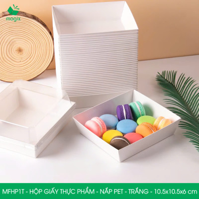 MFHP1T - 10.5x10.5x6 cm - 25 hộp giấy thực phẩm màu trắng nắp Pet, hộp giấy vuông đựng thức ăn, hộp bánh nắp trong