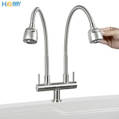 Vòi rửa chén 2 đầu tăng áp thân lò xo inox 304 Hobby home decor 2TA