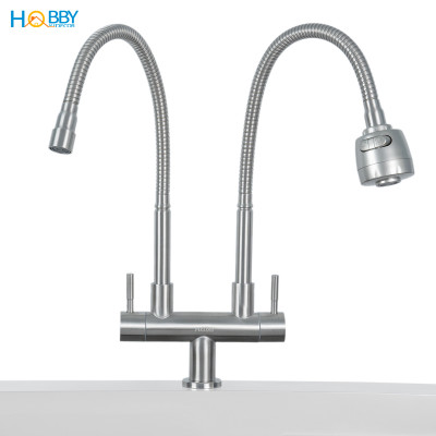 Vòi rửa chén lạnh 2 đầu xả vòi tăng áp inox 304 HOBBY Home Decor LX2D