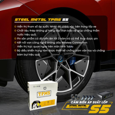 Cảm biến áp suất lốp TPMS STEEL METAL S5 van TRONG TIẾNG VIỆT SẠC NL mặt trời BH 12 tháng vios
