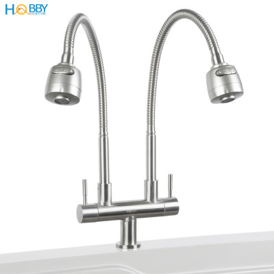Vòi rửa chén 2 đầu tăng áp thân lò xo inox 304 Hobby home decor 2TA
